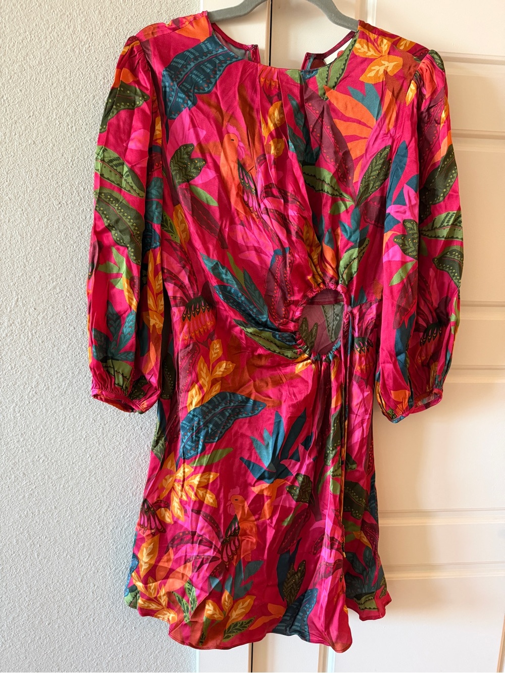 Farm Rio Red Rooster Leaves Long Sleeve Mini Dress size Medium - Picture 2 of 8